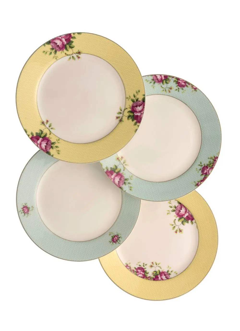 Four vintage-style dinner plates stacked in pairs, featuring pastel yellow and blue rims with delicate floral patterns.